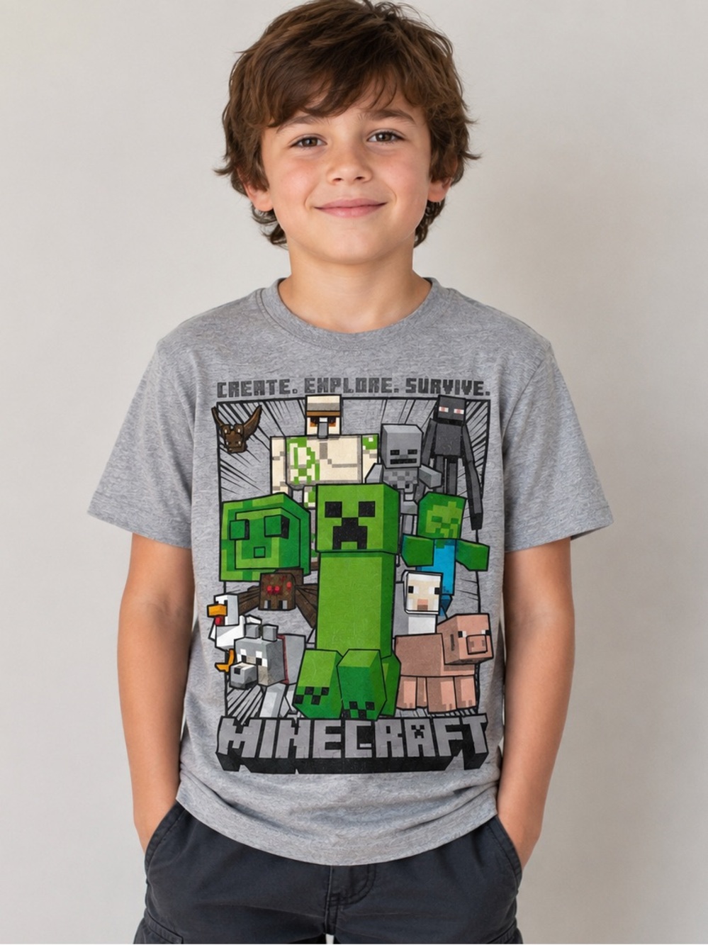 Minecraft Mojang Studios Youth XS Gray Graphic T-Shirt Create Explore Survive